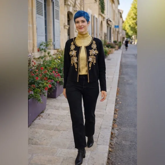 Twenty One Black Beaded Cardigan Sweater Women’s L Gold Beads Pearls Lace Lining - Picture 1 of 15